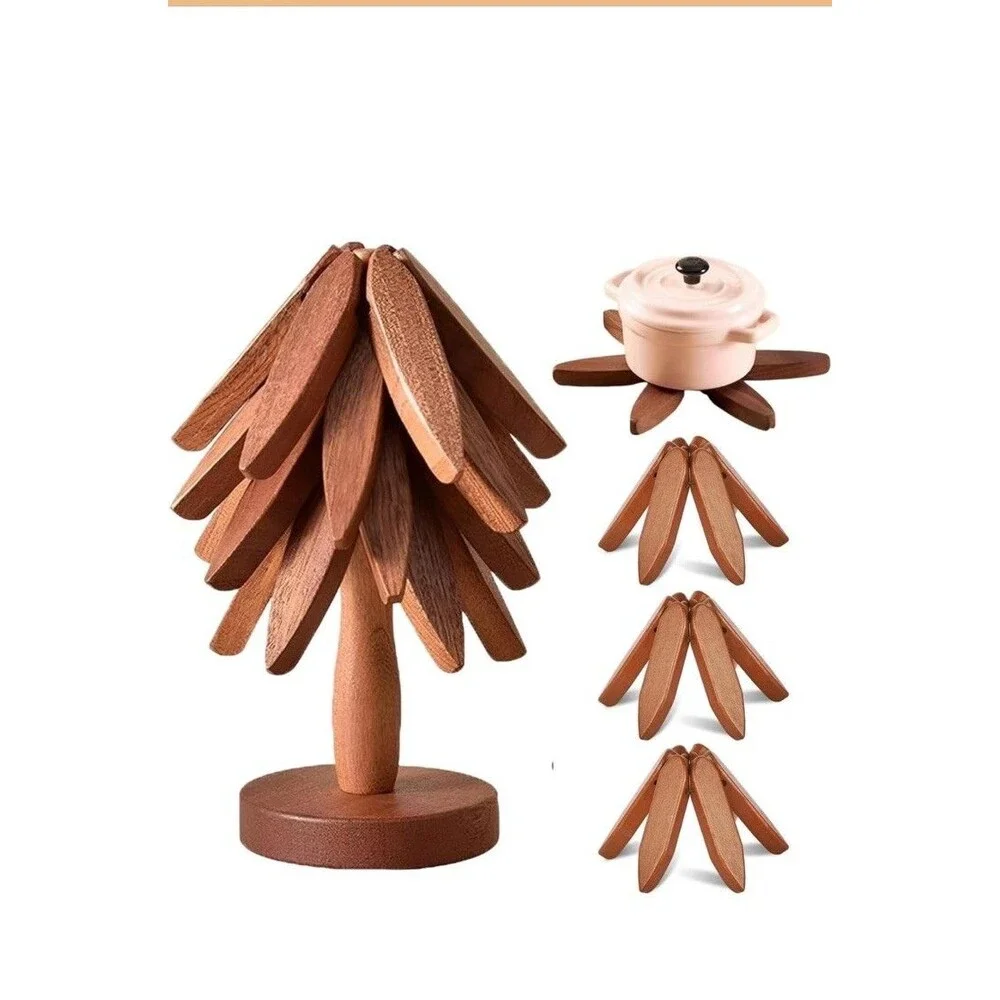 Wooden Trivets for Hot Dishes Tree Shape Set Foldable Kitchen Pot Holders